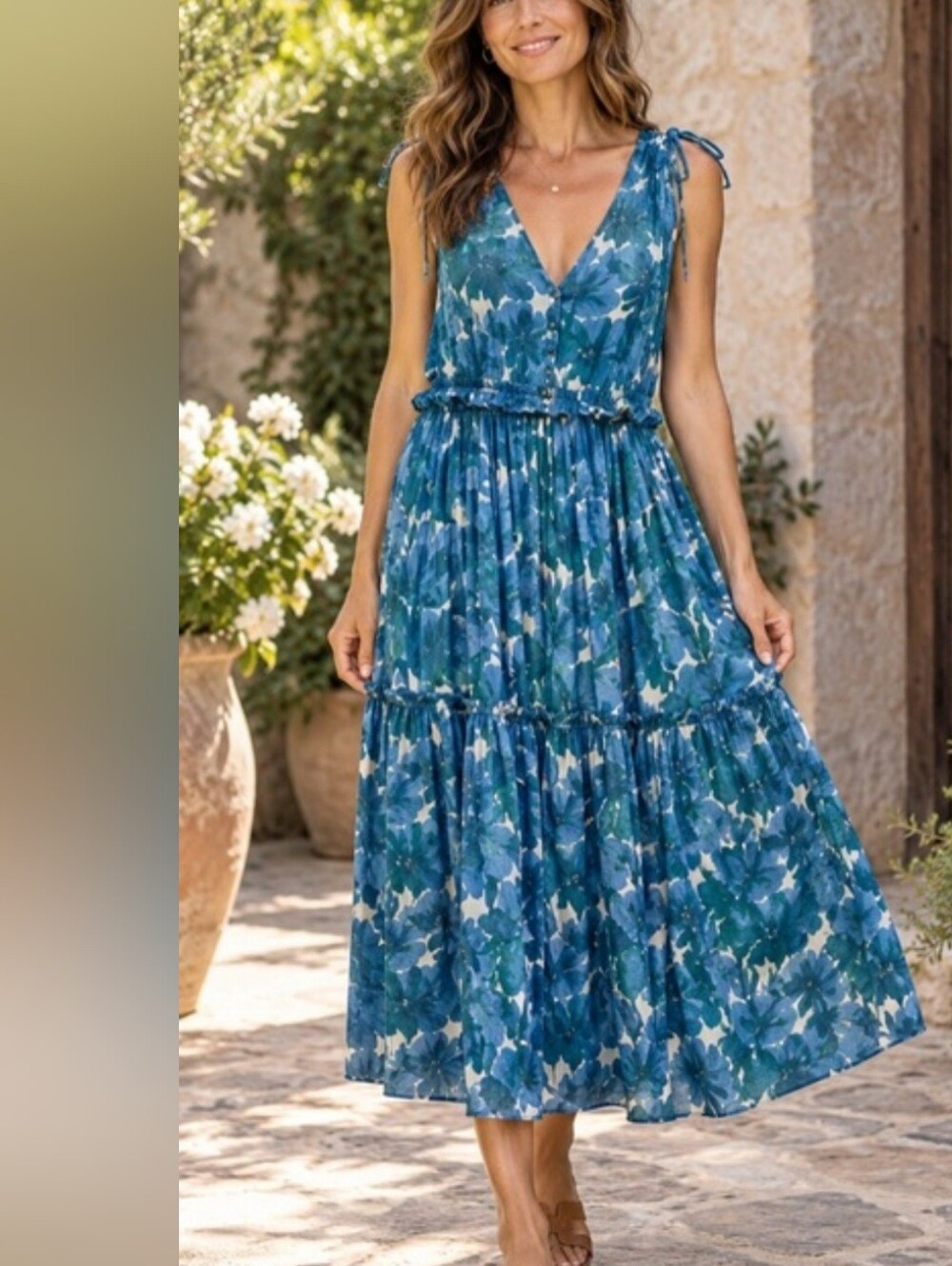 Sundance Blue Floral Tiered V-Neck Maxi Dress